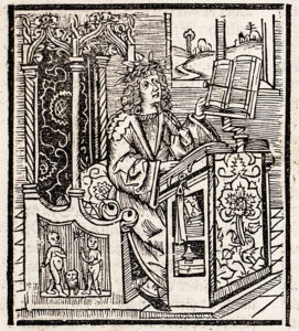 Writer bearing a wreath of leaves on his head consults two books at an ornate lectern.