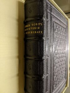 Photo of leather book cover with title written in gold leaf on spine. 
